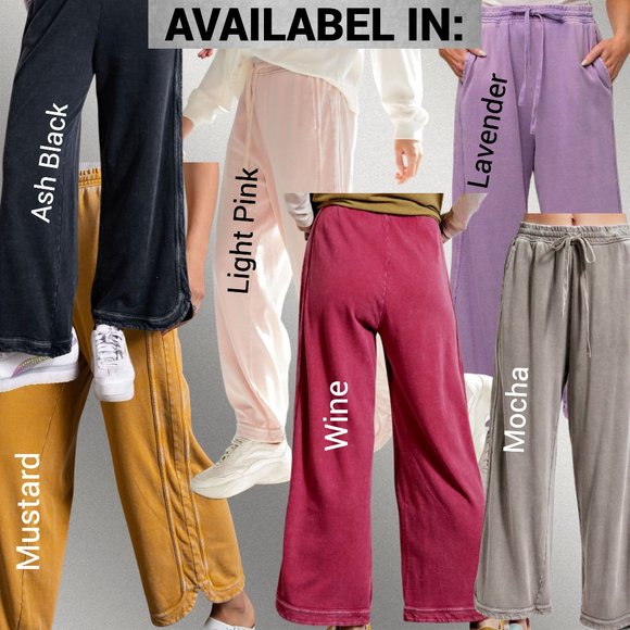 EASEL "So Comfy" Side Seams Scooped Hem Wide Leg Mineral Washed Pants Drawstring - Picture 16 of 16